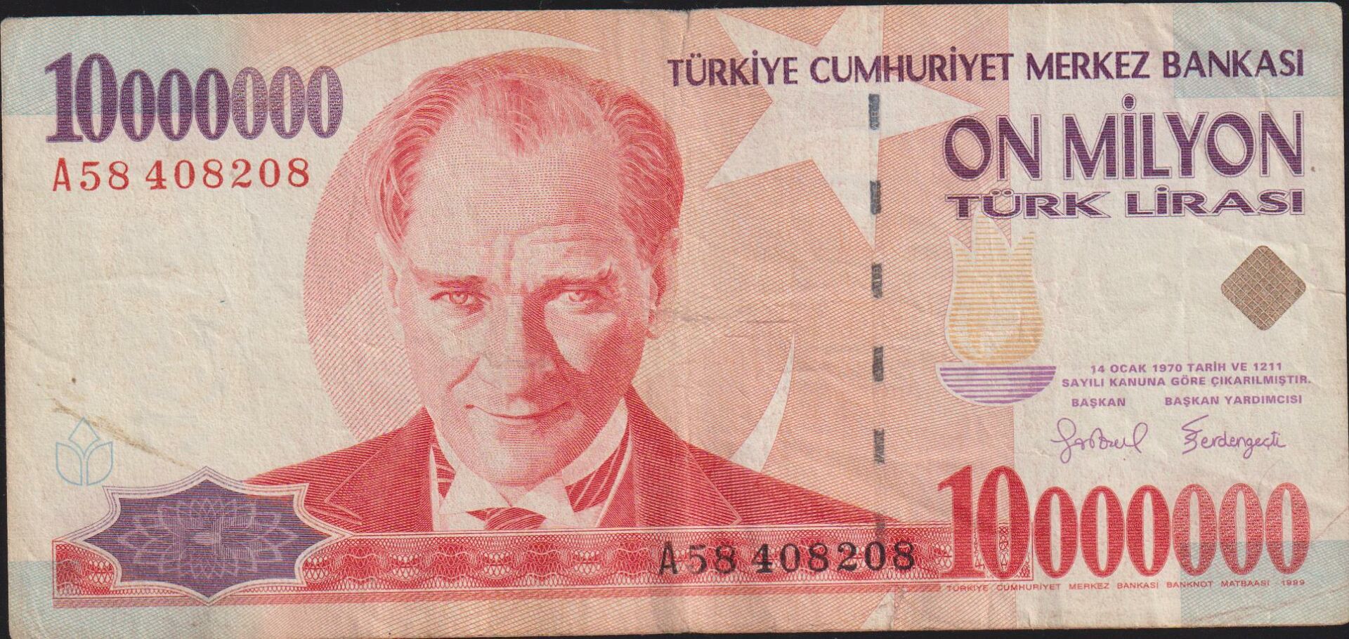 7.Emisyon 10 000 000 Lira A58 408208 Çok Temiz