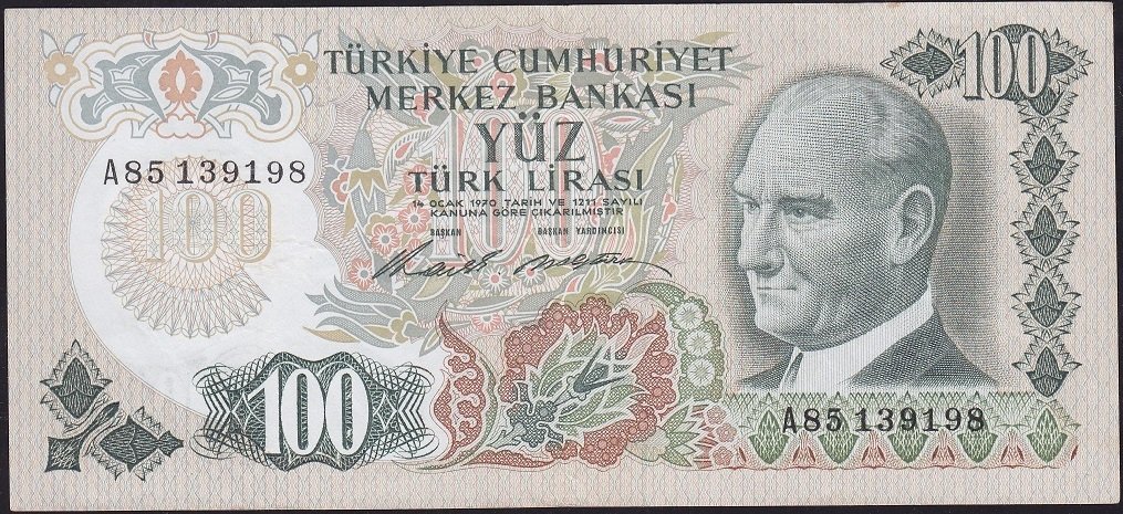 6.Emisyon 1.Tertip 100 Lira A85 139198 Çok Temiz+