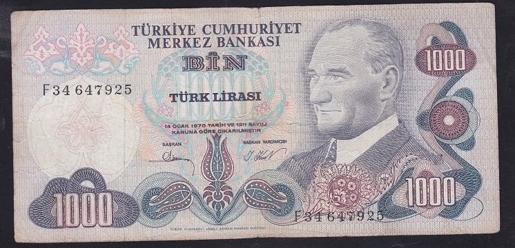 6.EMİSYON 3.TERTİP 1000 LİRA F34 647925 ÇOK TEMİZ