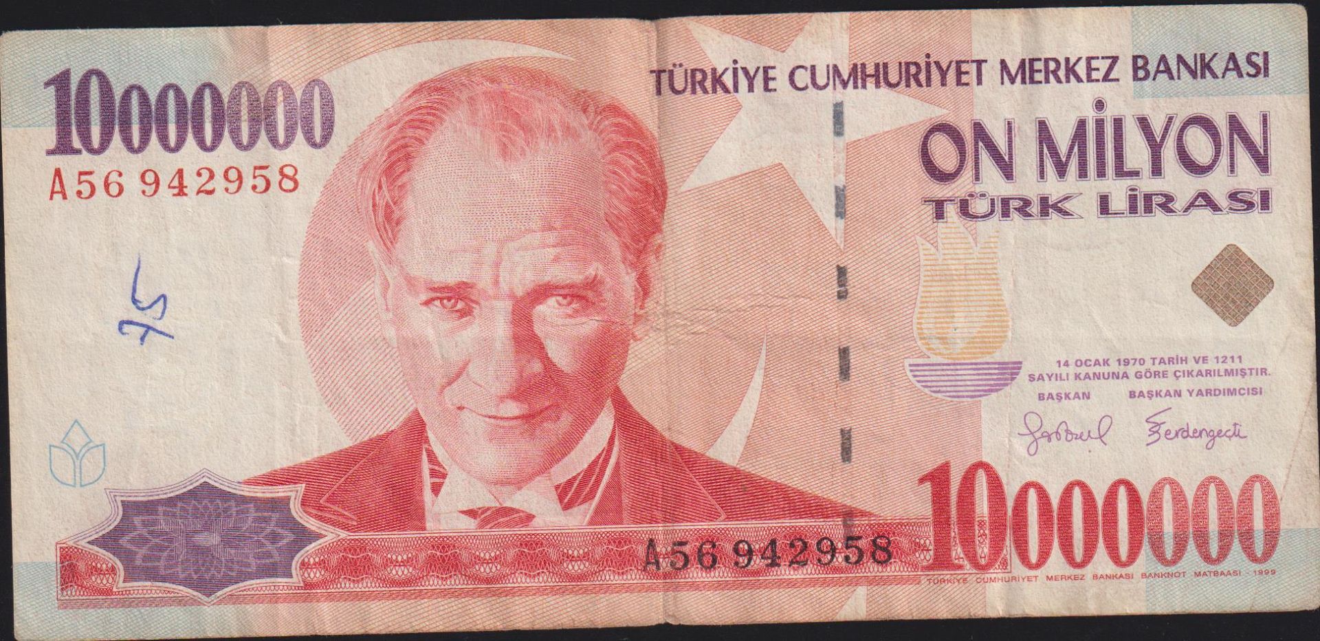 7.Emisyon 10 000 000 Lira A56 942958 Çok Temiz