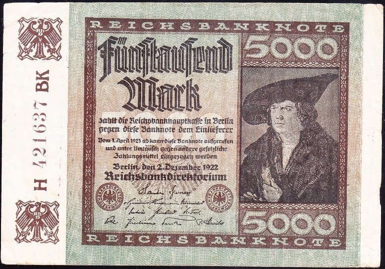 Almanya 5000 Mark 1922 Çok Temiz + ( Filigranı Menderes ) 6 Rakam  (R80e)