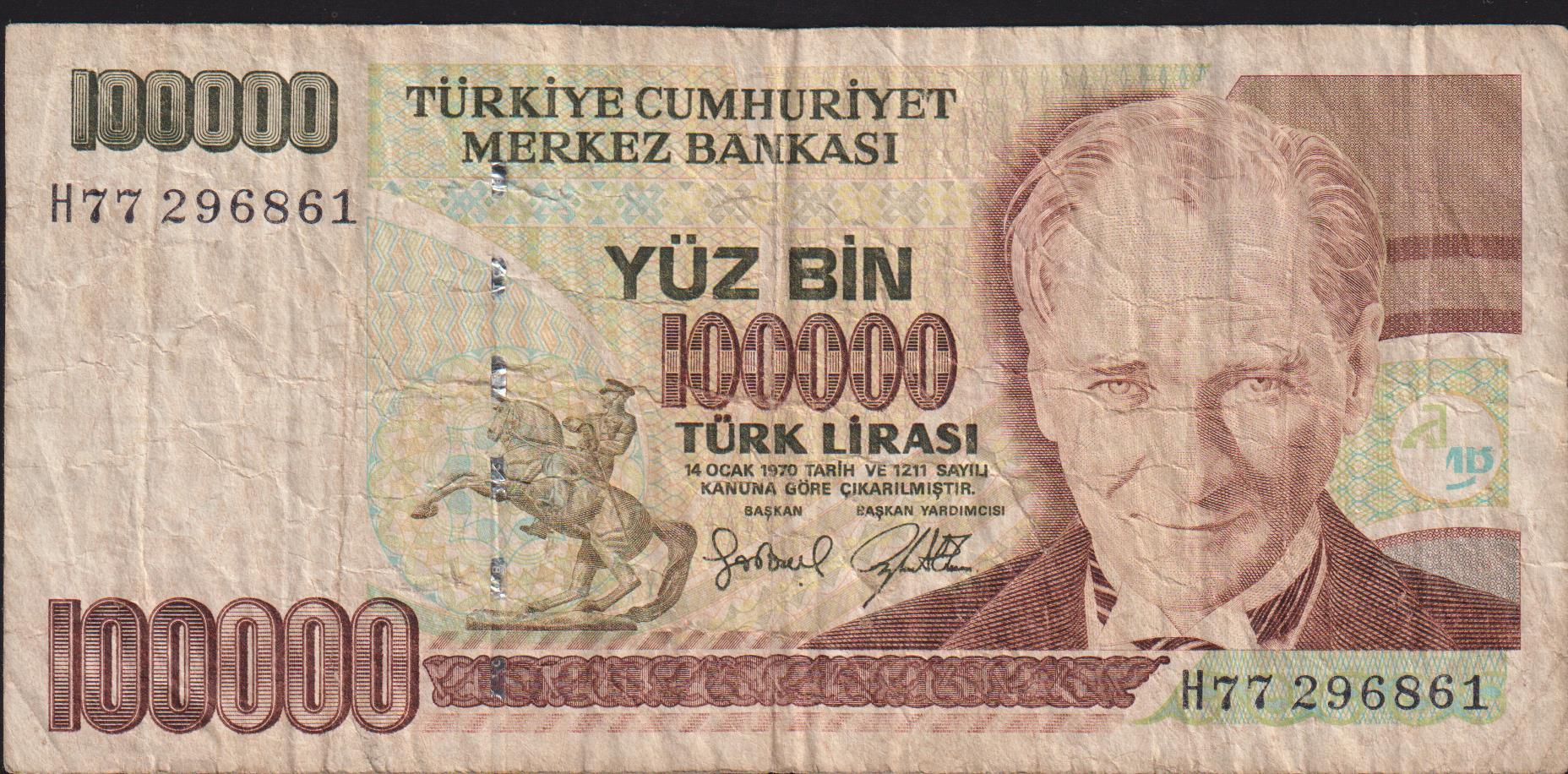 7.Emisyon 3.Tertip 100000 Lira H77 296861 Temiz