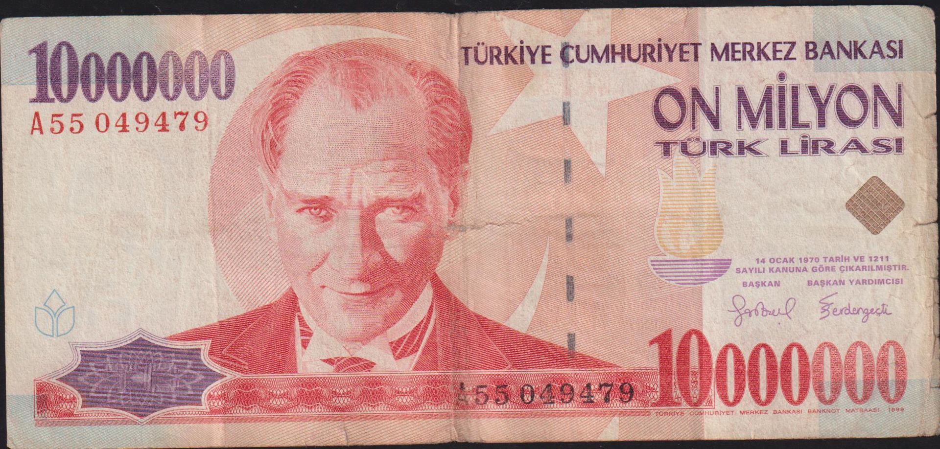 7.Emisyon 10 000 000 Lira A55 049479 Çok Temiz
