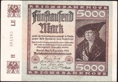 Almanya 5000 Mark 1922 Çok Çok Temiz + ( Filigranı Dikenler ) 6 Rakam  (R80d)