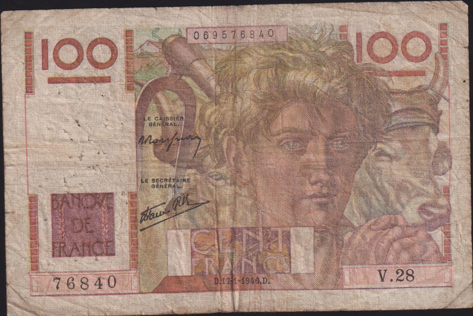 Fransa 100 Frank 17 Ocak 1946 Çok Temiz