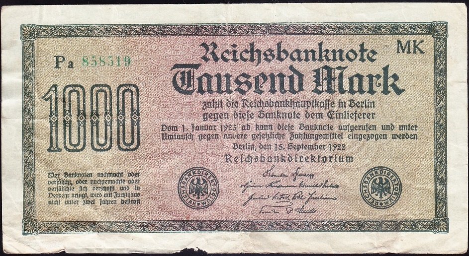 Almanya 1000 Mark 1922 Temiz ( Filigranı Çokgen ) 6 Rakam Yeşil  (R75f) Erör Açıklamayı okuyunuz