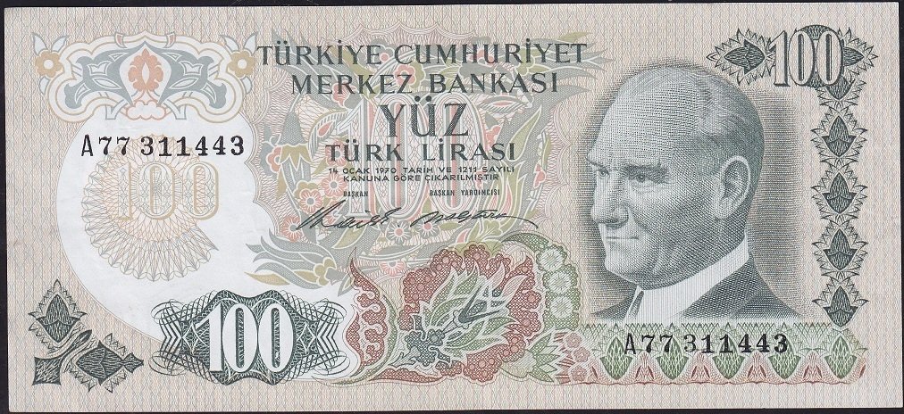 6.Emisyon 1.Tertip 100 Lira A77 311443 Çok Temiz+
