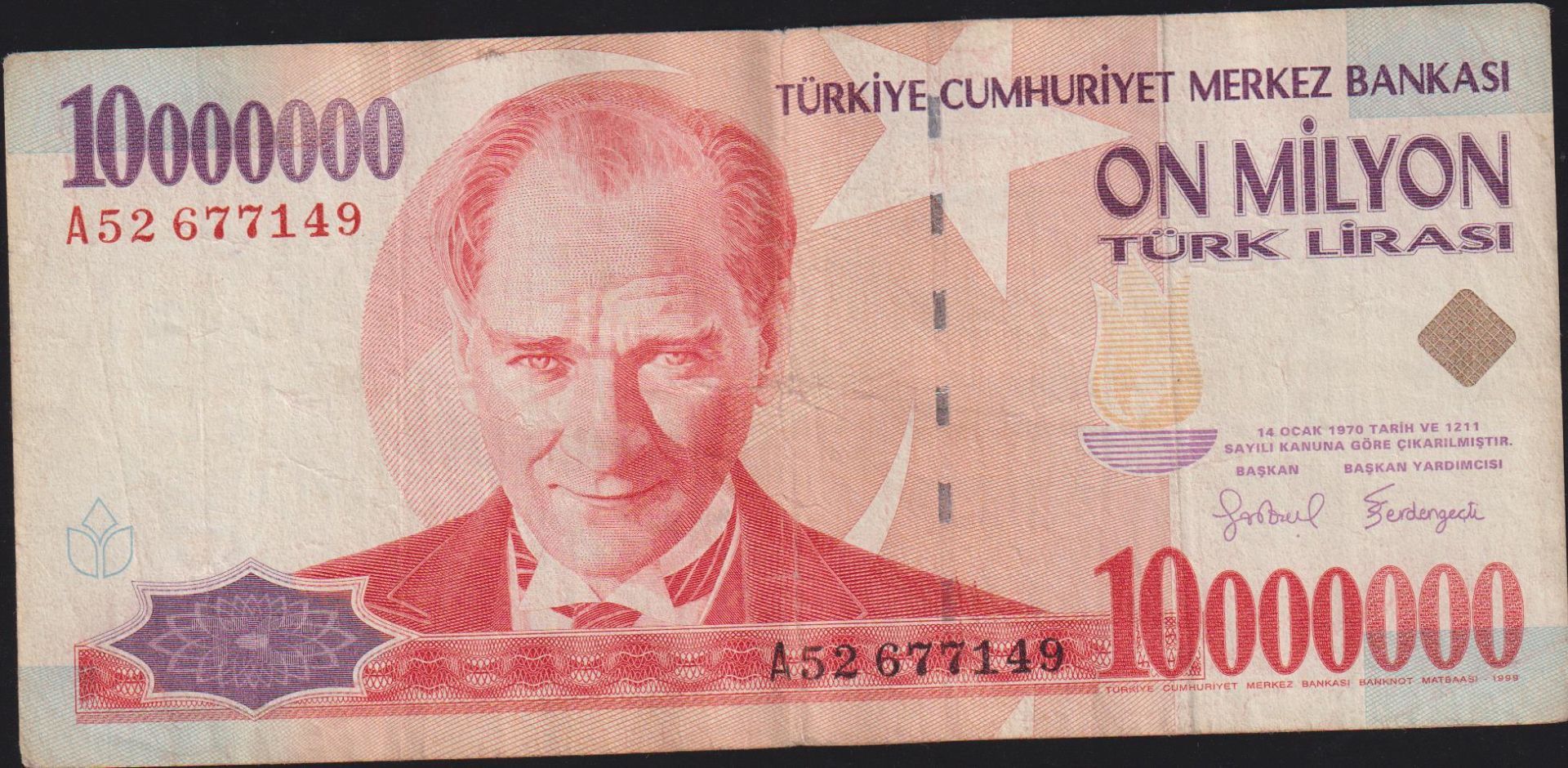 7.Emisyon 10 000 000 Lira A52 677149 Çok Temiz