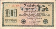 Almanya 1000 Mark 1922  Çok Temiz ( Filigranı Dikenler ) Yıldızlı 6 Rakam Kırmızı (R75d)