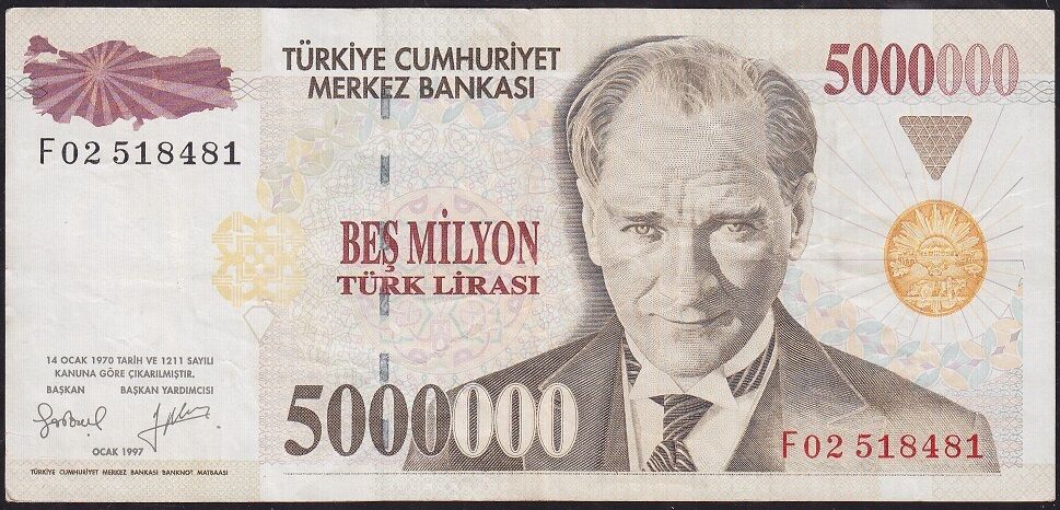 7.Emisyon 5 000 000 Lira F02 518481 Çok Temiz+