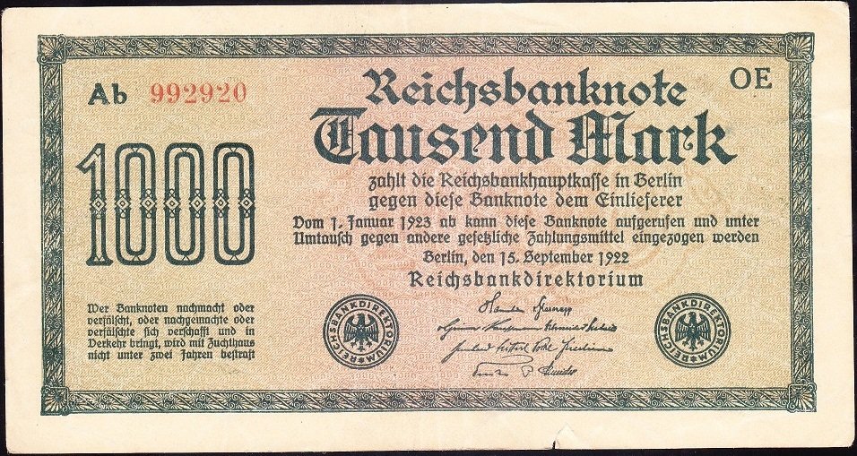 Almanya 1000 Mark 1922  Çok Temiz + ( Filigranı Dikenler ) 6 Rakam Kırmızı (R75d)