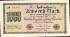 Almanya 1000 Mark 1922  Çok Temiz + ( Filigranı Dikenler ) 6 Rakam Kırmızı (R75d)