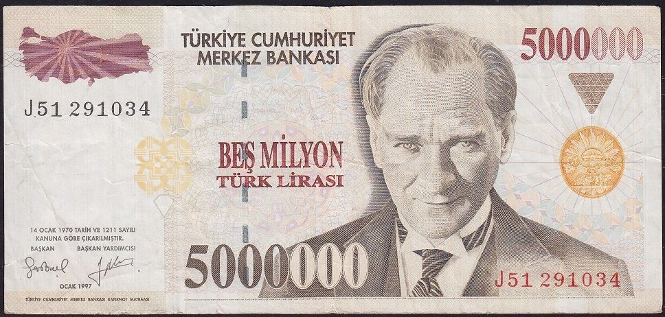 7.Emisyon 5 000 000 Lira J51 291034 Çok Temiz