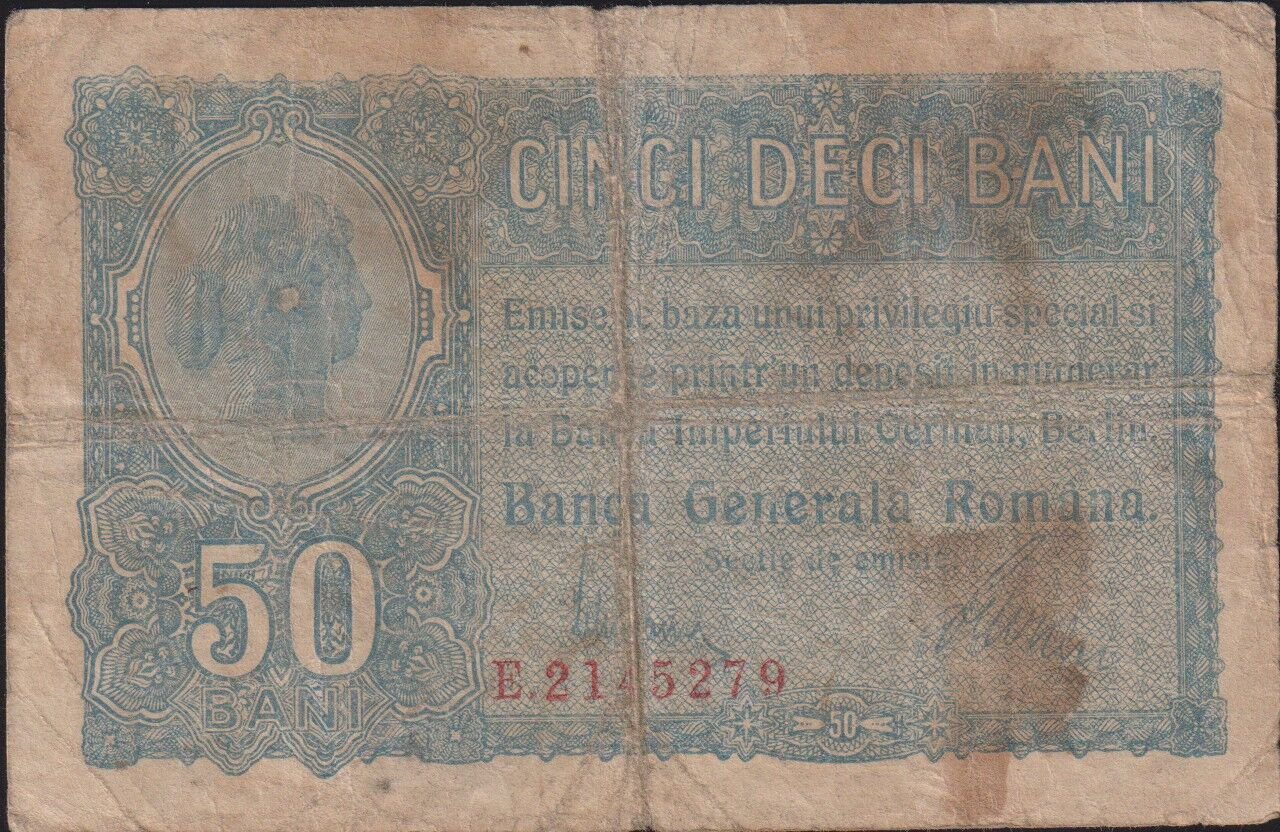 Romanya 50 Bani 1917 Çok Temiz - Alman işgali