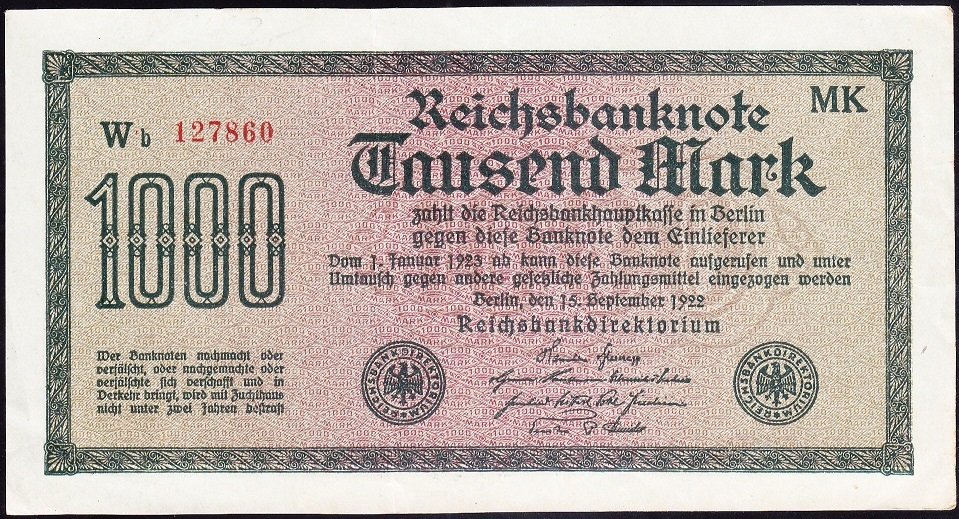 Almanya 1000 Mark 1922  Çok Çok Temiz - Çilaltı ( Filigranı Dalga ) 6 Rakam Kırmızı (R75q)