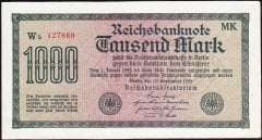 Almanya 1000 Mark 1922  Çok Çok Temiz - Çilaltı ( Filigranı Dalga ) 6 Rakam Kırmızı (R75q)