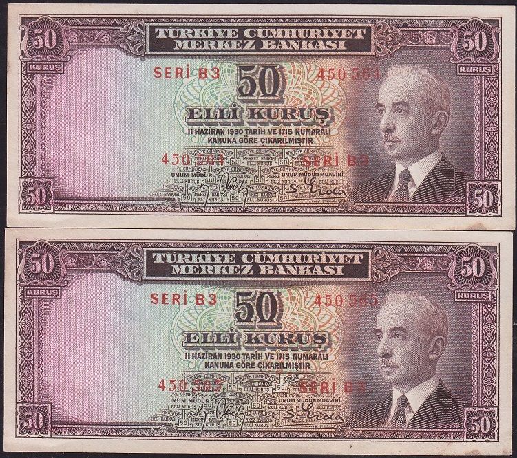 2.Emisyon 50 Kuruş B3 450564-65 Seri Takipli Çilaltı Çil