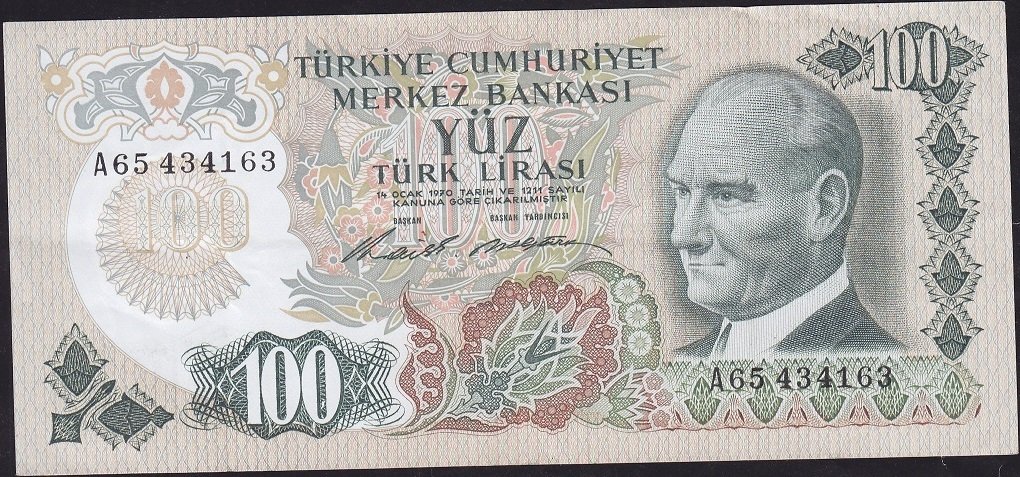 6.Emisyon 1.Tertip 100 Lira A65 434163 Çok Temiz+