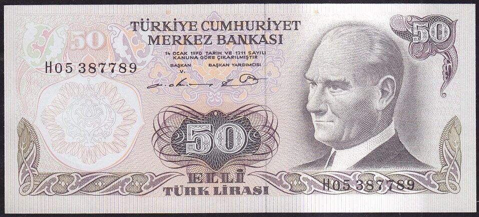 6.Emisyon 1.Tertip 50 Lira H05 387789 Çok Çok Temiz+