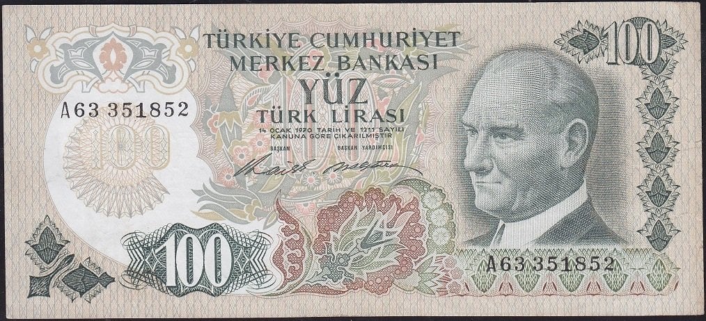 6.Emisyon 1.Tertip 100 Lira A63 351852 Çok Temiz+