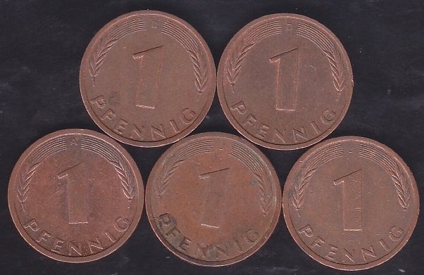 ALMANYA 1 PFENİNG  1990-91-92-94-96 YILLARI LOT 5 ADET
