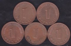 ALMANYA 1 PFENİNG  1990-91-92-94-96 YILLARI LOT 5 ADET