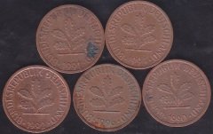 ALMANYA 1 PFENİNG  1990-91-92-94-96 YILLARI LOT 5 ADET