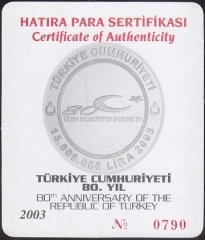 Hatıra Para Sertifikası - Türkiye Cumhuriyeti 80.Yıl 2003