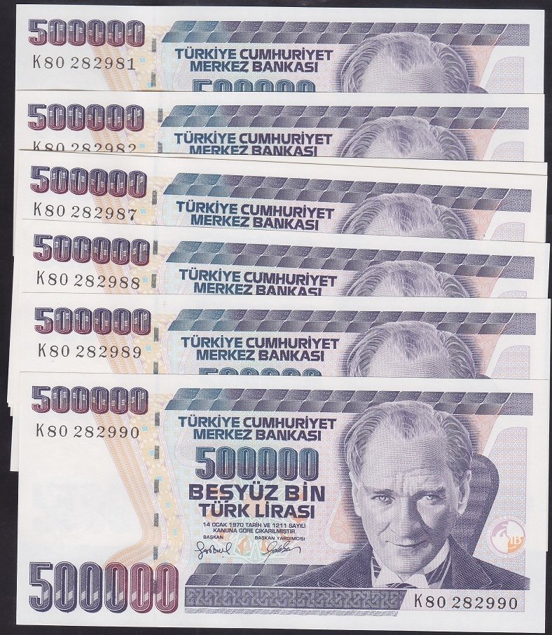7.EMİSYON 4.TERTİP 500000 LİRA K80 282981 - 990 SERİ TAKİPLİ 10 ADET ÇİL