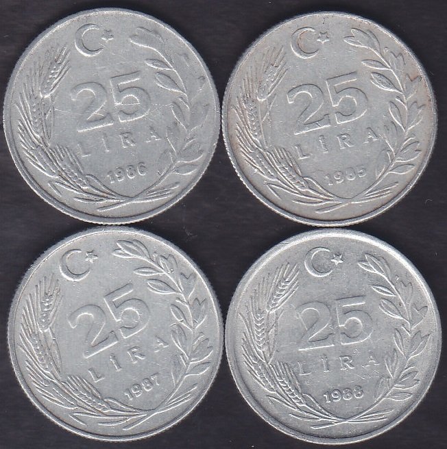 1985-86-87-88 YILI 25 LİRA  (4 ADET) LOT