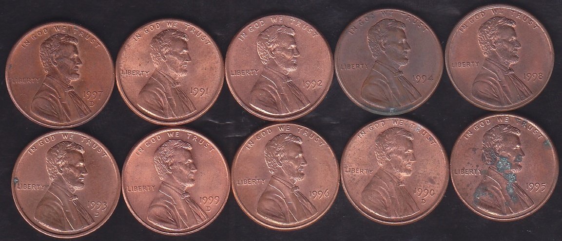 AMERİKA 1 CENT 1990-91-92-93-94-95-96-97-98-99 YILLARI 10 ADET LOT