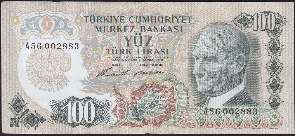 6.Emisyon 1.Tertip 100 Lira A56 002883 Çok Temiz+