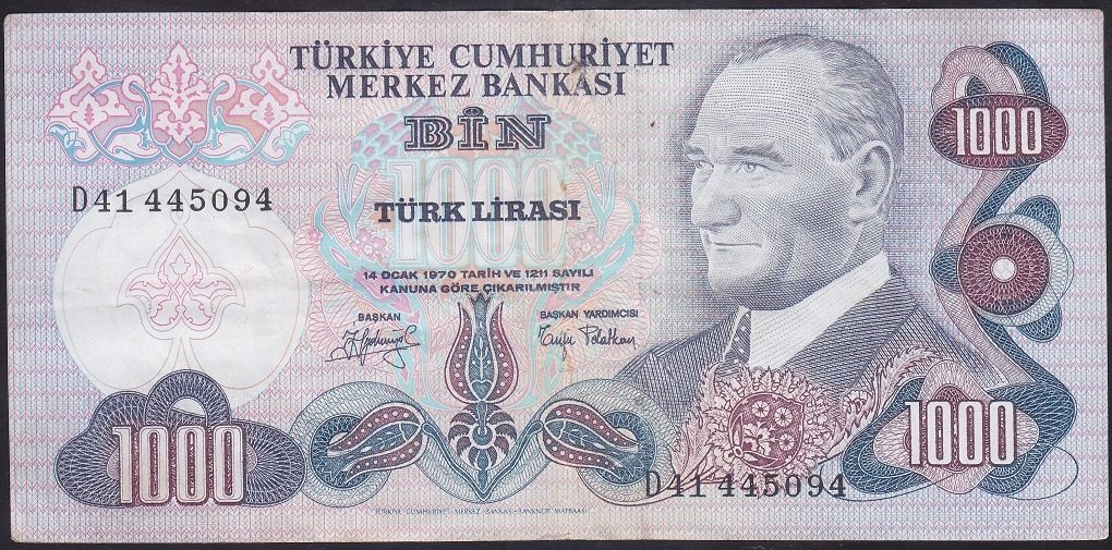 6.EMİSYON 2.TERTİP 1000 LİRA D41 445094 TEMİZ