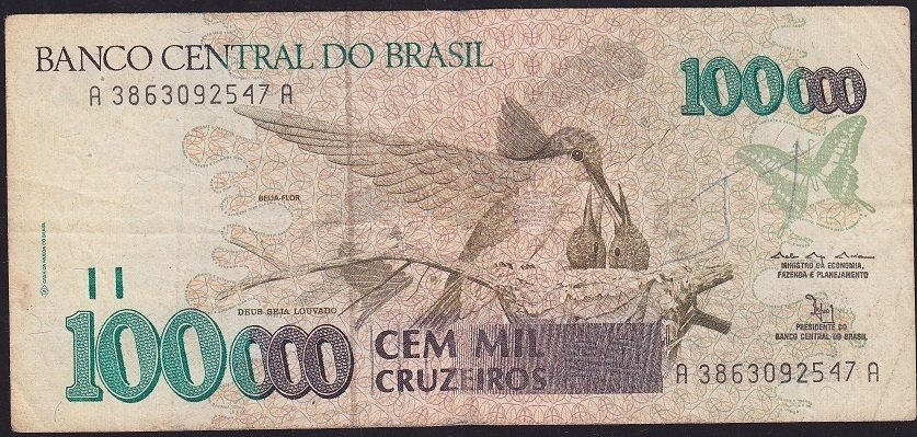 Brezilya 100000 Cruzeiros 1992 -1993 Çok Temiz