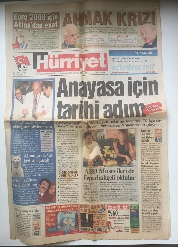 2001 HÜRRİYET GAZETESİ ÖN SAYFA MÜSLÜM GÜRSES