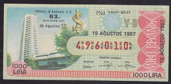 1987 19 AĞUSTOS YARIM BİLET Y-B SERİSİ