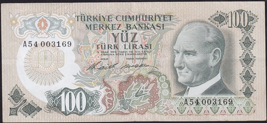 6.Emisyon 1.Tertip 100 Lira A54 003169 Çok Temiz+