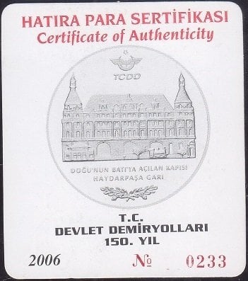 Hatıra Para Sertifikası - T.C. Devlet Demiryolları 150.Yıl 2006