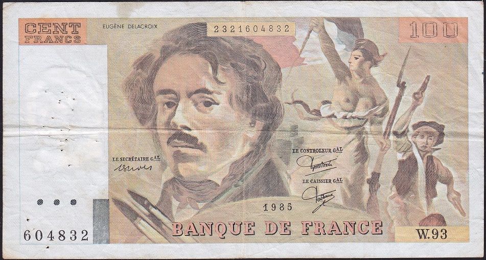 Fransa 100 Frank 1985 Çok Temiz ( Toplu İğne Delikleri var )