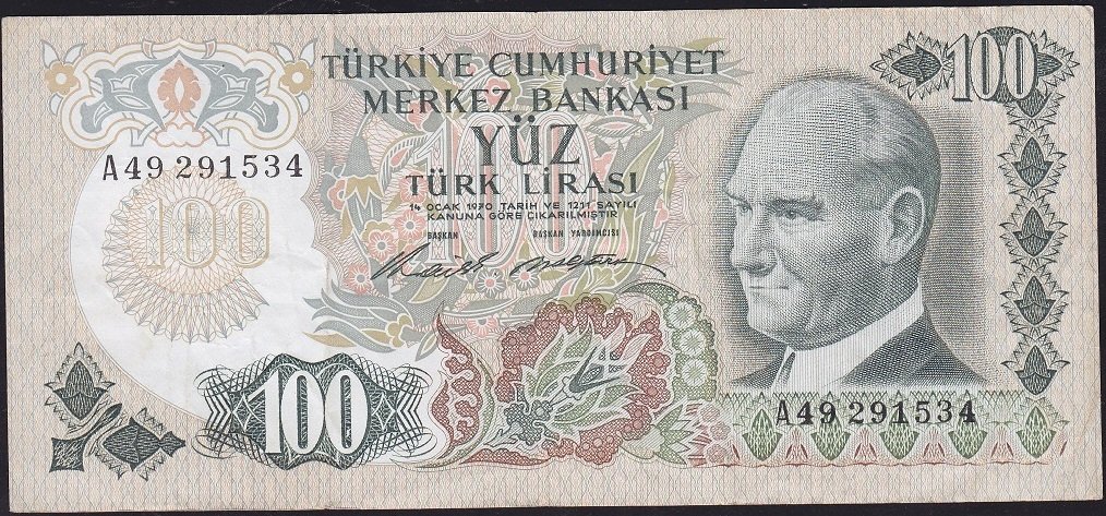 6.Emisyon 1.Tertip 100 Lira A49 291534 Çok Temiz+