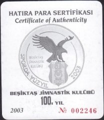 Hatıra Para Sertifikası - Beşiktaş Jimnastik Kulübü 100.Yıl 2003