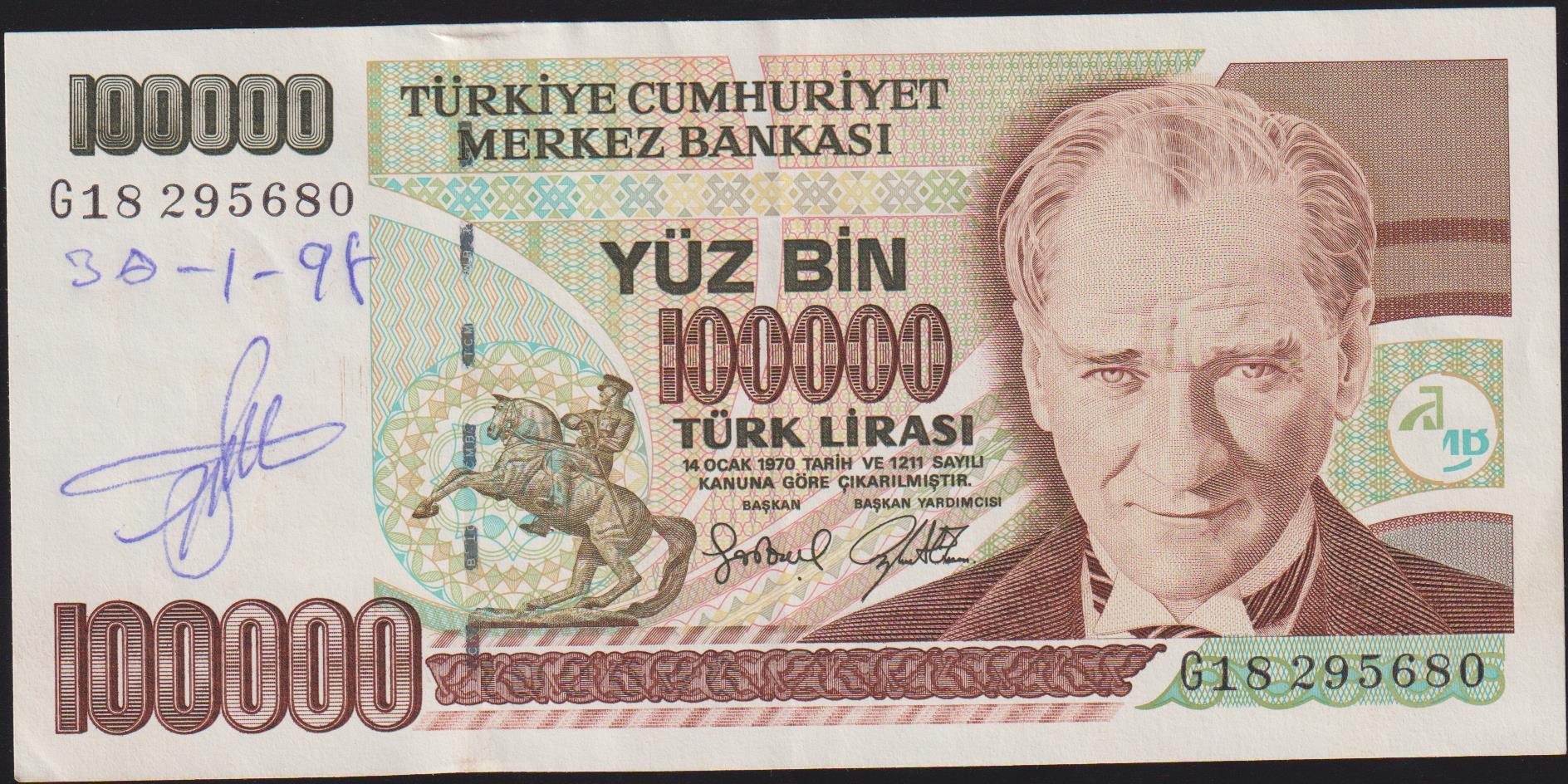 7.Emisyon 3.Tertip 100000 Lira G18 295680 Ççt Çilaltı (Yazı var )