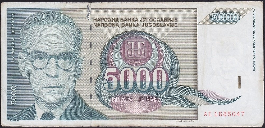 YUGOSLAVYA 5000 DİNAR 1992 ÇOK TEMİZ