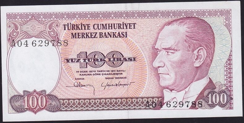 7.Emisyon 1.Tertip 100 Lira A04 629788 Ççt Çilaltı