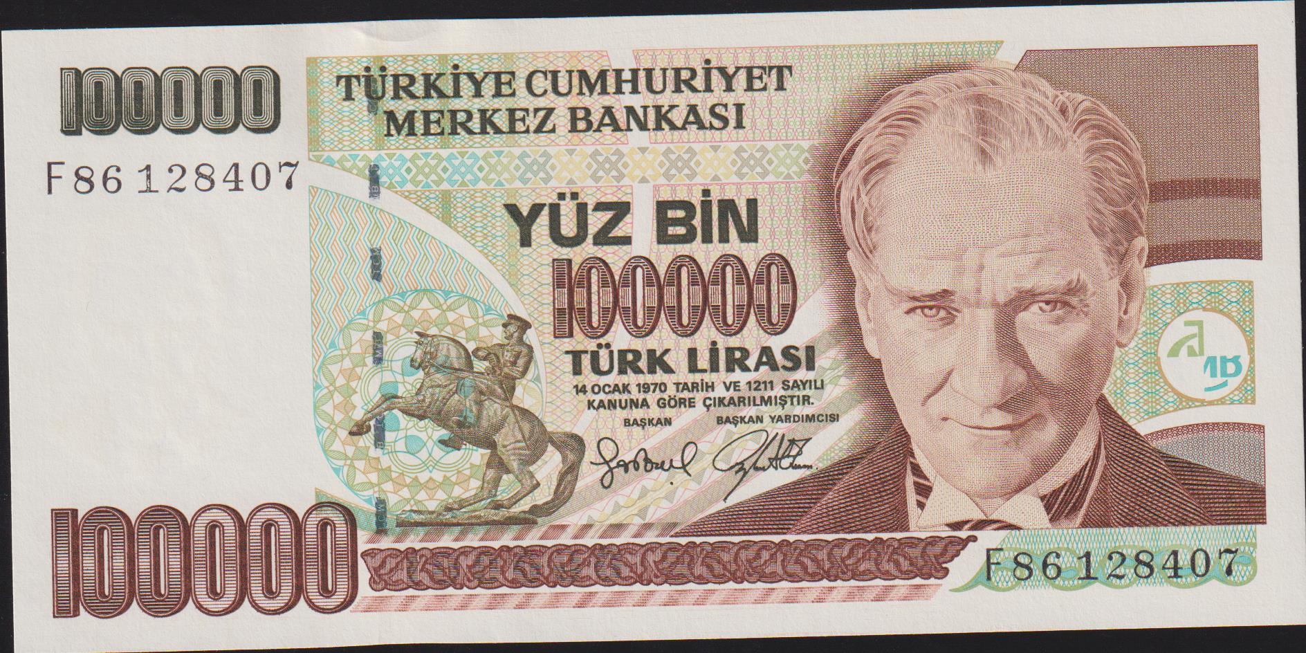 7.Emisyon 3.Tertip 100000 Lira F86 128407 Çil