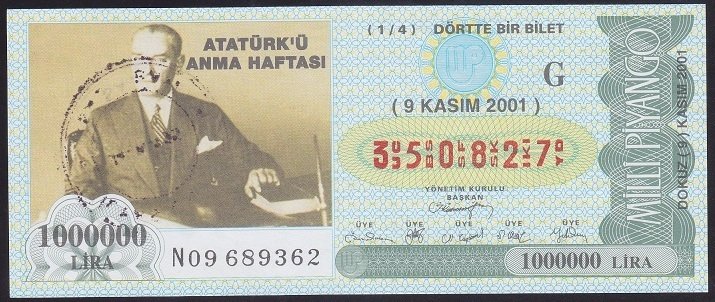 2001 9 KASIM ÇEYREK BİLET G SERİSİ