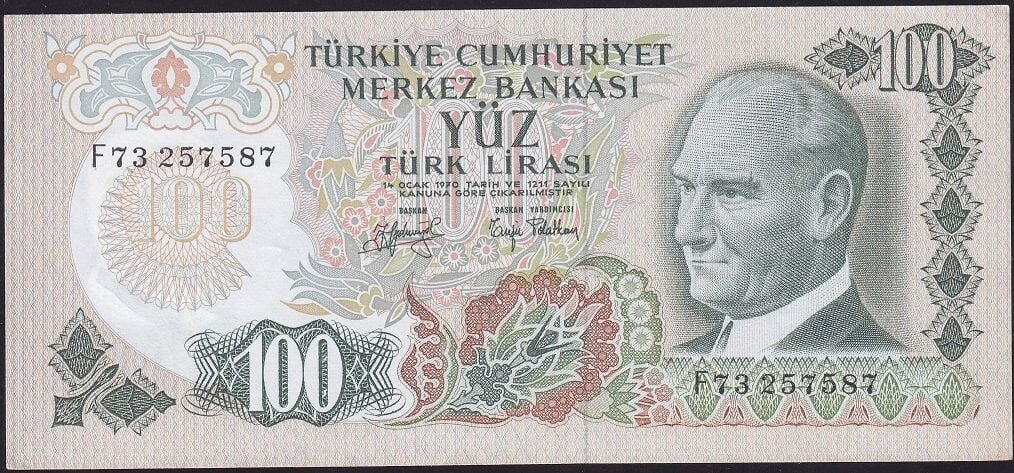 6.Emisyon 2.Tertip 100 Lira F73 257587 Çok Çok Temiz+