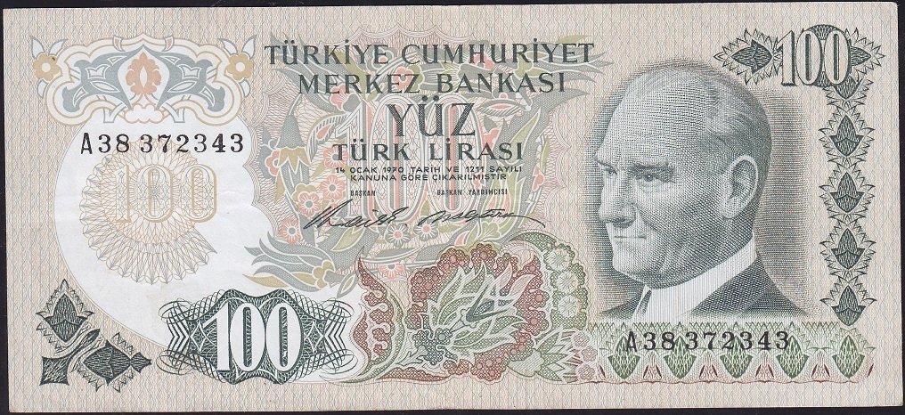 6.Emisyon 1.Tertip 100 Lira A38 372343 Çok Temiz+