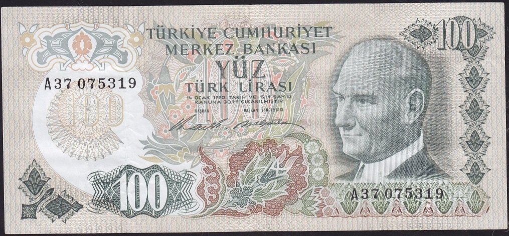6.Emisyon 1.Tertip 100 Lira A37 075319 Çok Temiz+