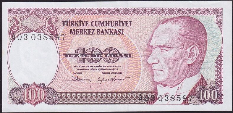 7.Emisyon 1.Tertip 100 Lira A03 038597 Çok Çok Temiz+